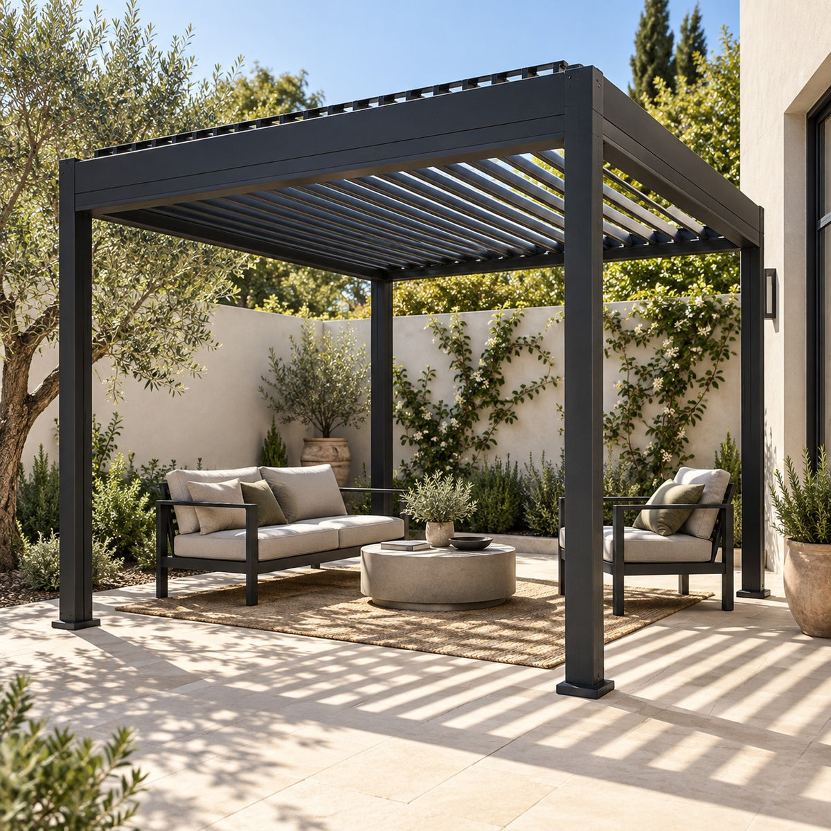 Illustrative graphite louvered pergola in a landscaped courtyard