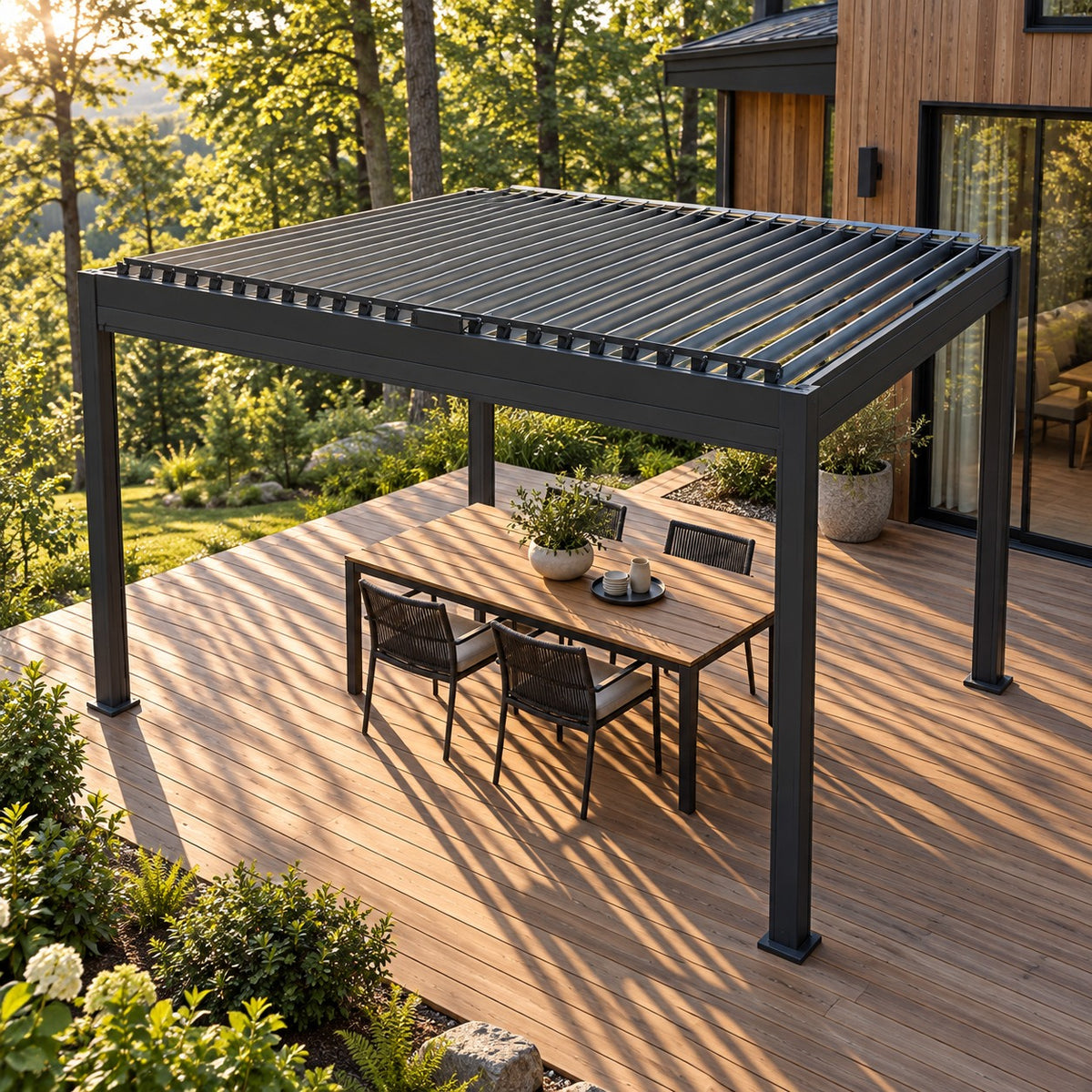 Illustrative louvered pergola over an outdoor dining deck