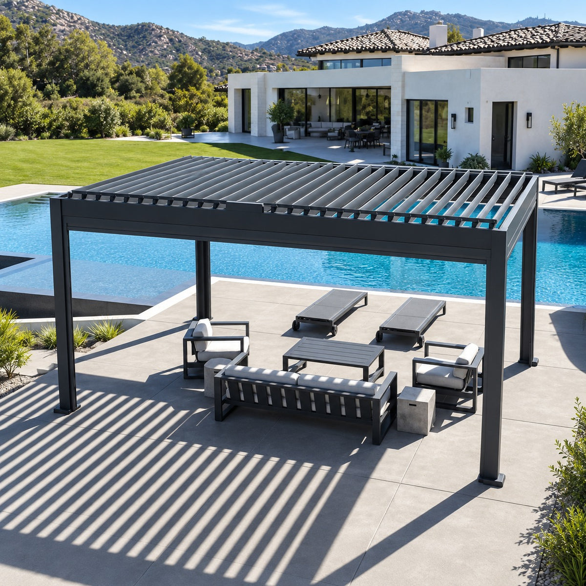 Illustrative rendering of a graphite tilting-louver pergola beside a pool