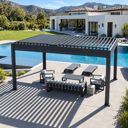 Illustrative rendering of a graphite tilting-louver pergola beside a pool