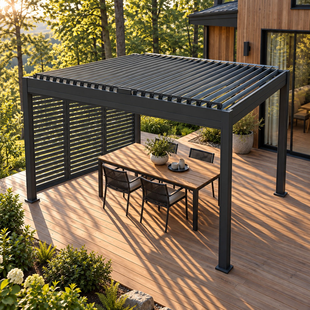 Illustrative close-up of angled roof louvers and the supporting beam