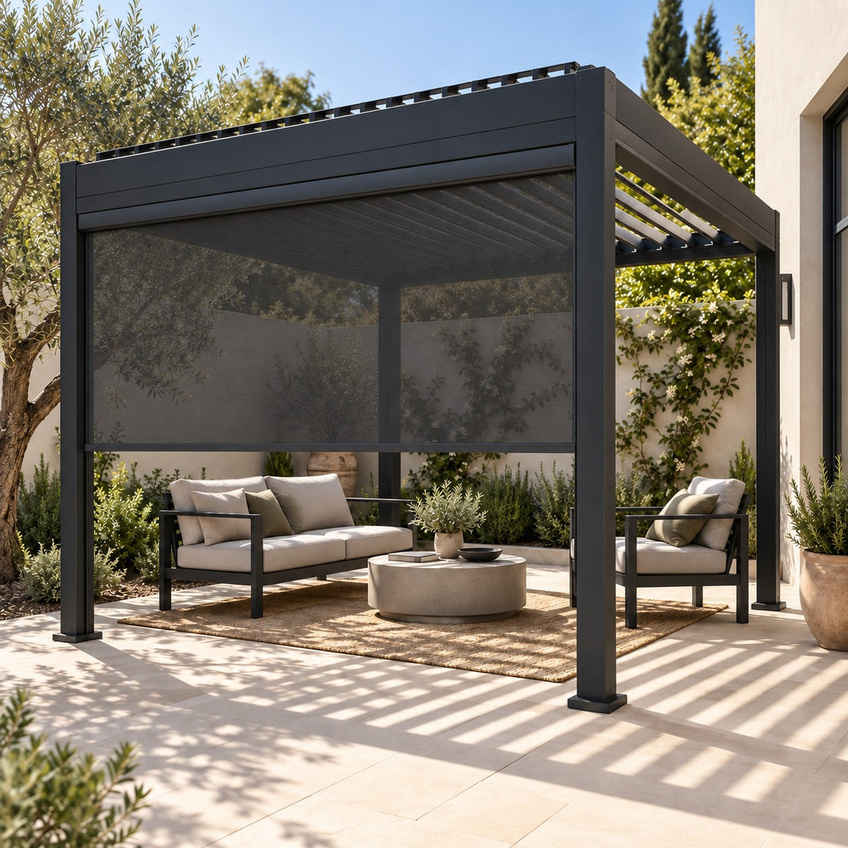Illustrative rendering of a motorized side screen on a graphite pergola