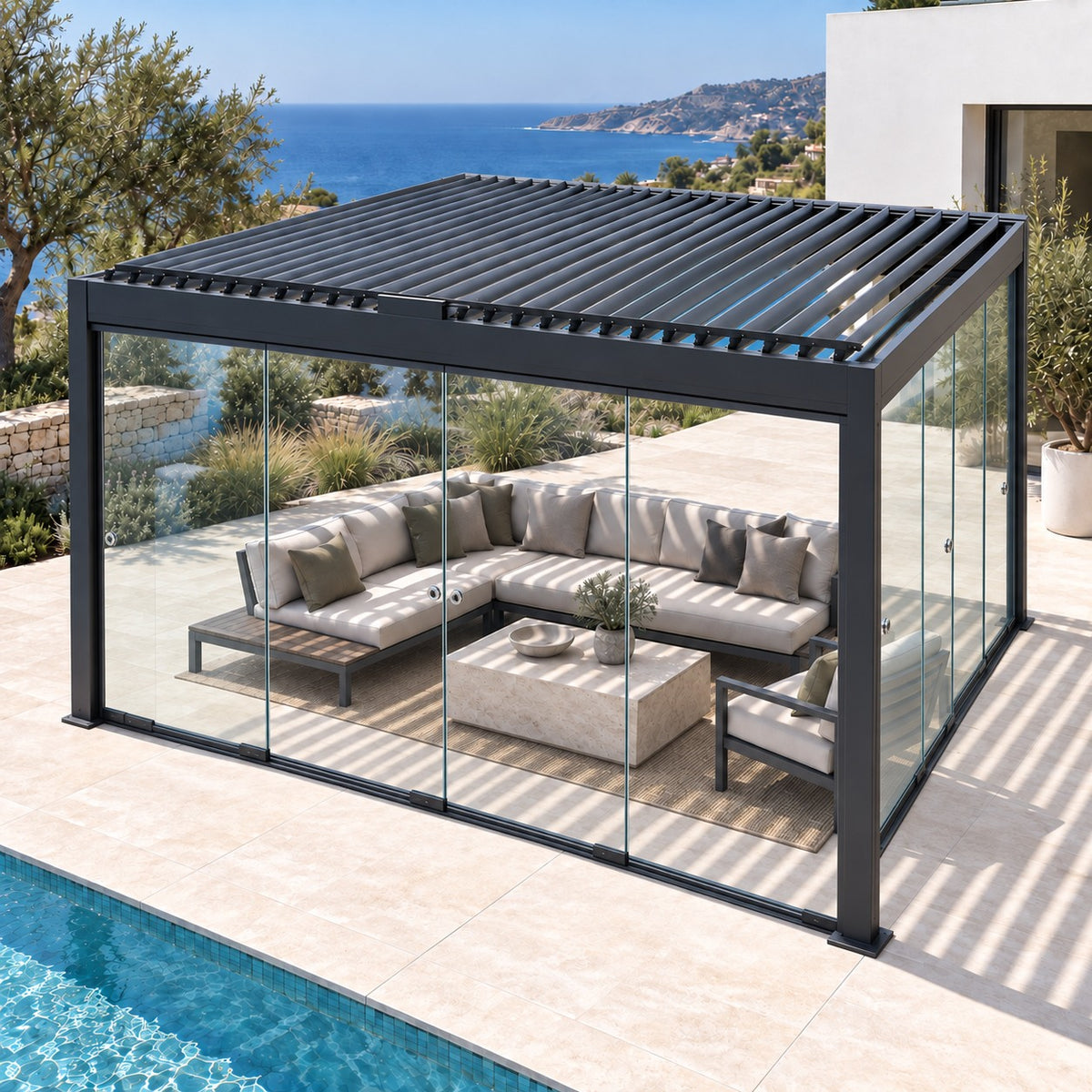 Illustrative rendering of frameless sliding glass panels around a pergola